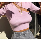 Caramel High Neck Ribbed Knit Crop Top